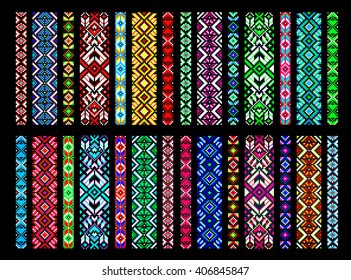 Textile ribbons, braids in the boho style with Scandinavian patterns, bead embroidery, embroidered belt. Trendy, contemporary ethnic seamless pattern, embroidery cross, squares, diamonds, chevrons.