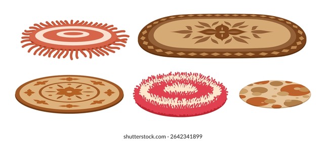Textile rugs. Cartoon woven carpets, living room, bedroom or bath interior decor flat vector illustration set. Cozy carpets on white