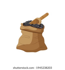 Textiler Sack aus schwarzen Nierenbohnen und Schaufel flache Vektorgrafik einzeln.
