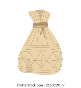 Textile sack. Brown reusable drawstring canvas bag for sustainable shopping or storage. Vector illustration in a flat style.