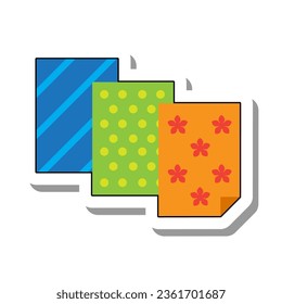 Muestras textiles del icono de pegatina de papel plano de tela. Equipamiento para el trabajo de la aguja y la confección en diferentes colores y adornos aislados en el fondo blanco. Artesanía, hobby, concepto de moda