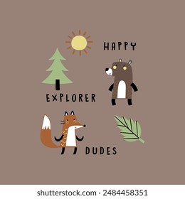 textile screen print design for kids fashion with cute bear, fox drawing and slogan as vector