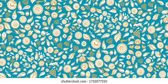 Textile seamless golden fantasy pattern from elements of Gorodets painting.