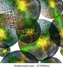 Textile seamless pattern of ball with green texture triangles