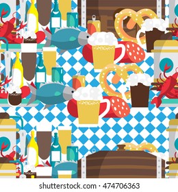 Textile seamless pattern flat cartoon style for Oktoberfest. Food, drink, beer, mug, cancer, dried fish, sausage