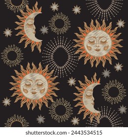 Textile seamless pattern .Graphic astronomy vintage on black background with sun, moon and star motif.Vector illustration hand drawing.Design for ,textile,fabric,clothing,background
and decoration.