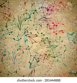 Textile seamless pattern of lines with colorful swirls and dots in vintage style