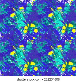 Textile seamless pattern of plants with texture blue watercolor