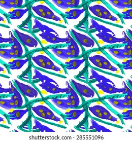 Textile seamless pattern of plants with texture blue watercolor