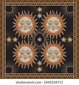 Textile seamless pattern .Scarf pattern.Astronomy vintage on black background with sun, moon and star motif.Vector illustration hand drawing.Design for  texture,textile,fabric,clothing
and decoration.