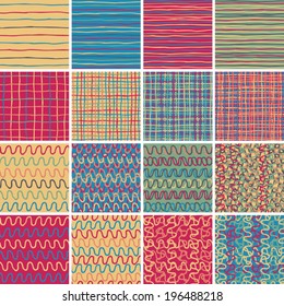 Textile seamless pattern SET No.1 of 16 different playful illustrations. Illustration is in eps8 vector mode, background on separate layer. 