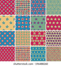 Textile seamless pattern SET No.4 of 16 different playful illustrations. Illustration is in eps8 vector mode, background on separate layer. 