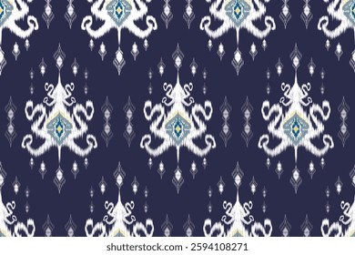 textile seamless pattern traditional Ikat-inspired design rich navy blue background intricate symmetrical motifs ornate, curvilinear shapes with a blurred, woven texture a nested diamond centerpiece 