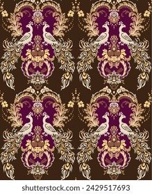 Textile seamless pattern.Design with 
peacock and classic element on brown backgroud.Classic style.Hand drawn.Design is perfect for adding to textile,fabric,background,clothes and fashion industry.