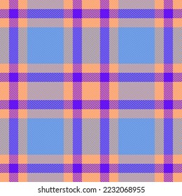 Textil sin costura. Vector de comprobación de tejido. Fondo de tartán estratificado con motivos en colores violeta y naranja.