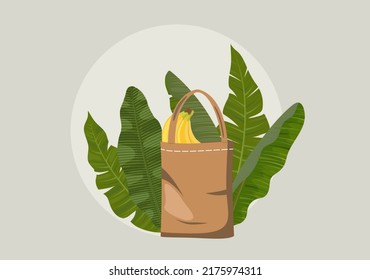 Textile shopper bag with bananas and palm leaves, reusable recyclable plastic free shopping concept, vector Illustration on a white background