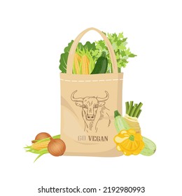 Textile Shopping Bag With Bull Sketch And Text Go Vegan. Farmers Market Vegetables: Celery, Lettuce, Corn, Zucchini, Onion. Reusable Recyclable Plastic Free Shopper, Vector Illustration 