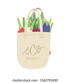 Textile shopping bag with vegetables for eco friendly living. Vegan zero waste concept. Colorful hand drawn vector illustration design for banner, card, poster. Say NO to plastic