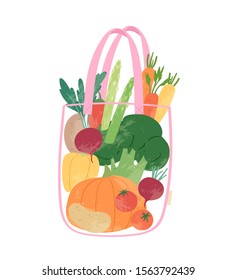 Textile shopping bag with vegetables for eco friendly living. Vegan zero waste concept. Colorful hand drawn vector illustration design for banner, card, poster. Say NO to plastic