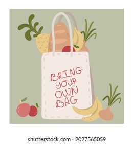 Textile shopping package full of Farmers food. Products in eco canvas bag with typography hand drawn illustration. Fresh fruits, vegetables buying. Ecology friendly shopping. 