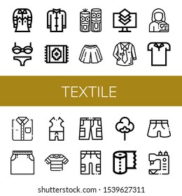 textile simple icons set. Contains such icons as Shirt, Bikini, Coat, Carpet, Model craft, Skirt, Layers, Uniform, Tailor, Polo shirt, Clothes, can be used for web, mobile and logo