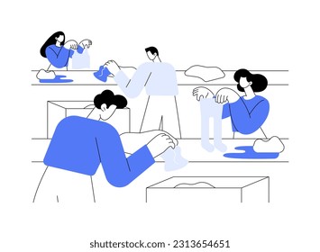 Textile sorting abstract concept vector illustration. Group of workers sorting textile together, light industry, apparel recycling, clothing consumption, fabrics waste abstract metaphor.