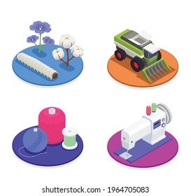 Textile and spinning industry 2x2 design concept with harvesting machinery cotton and flax flowers cotton and wool threads sewing machine isometric compositions vector illustration