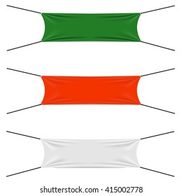 Textile strips set, blank flags different colors, start or finish strip, red and green and white banners, vector
