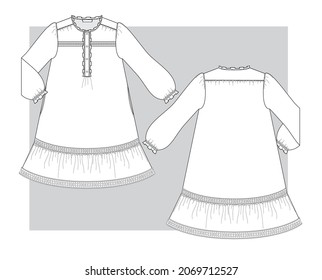 Textile summer dress with openwork panels, long Puffed sleeves and ruffles. Technical sketch.