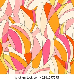 Textile and surface design with old fashioned hand drawn geometric printVector nostalgic retro 60s groovy print. Vintage abstract background. Hippie psychedelic seamless pattern.