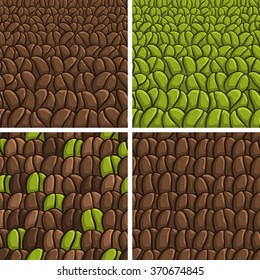 Textile tablecloth. Vector background seamless pattern. 4 background isolated vector illustrations on the theme of green unroasted and roasted coffee beans, coffee texture wallpapers