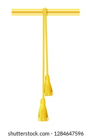 Textile tassel hang at rope. Decorative brush element. Hanging golden pompon at thread. Isolated white background. EPS10 vector illustration.