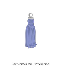 Textile tassel with metal suspension loop isolated on white background, blue rope decoration with fringe skirt and thread tuft - hand drawn vector illustration