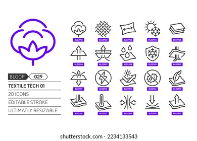 Textile tech 01 related, pixel perfect, editable stroke, up scalable, line, vector bloop icon set.