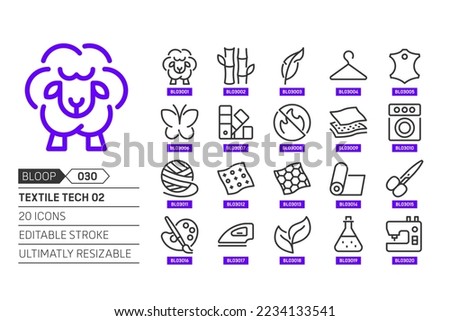 Textile tech 02 related, pixel perfect, editable stroke, up scalable, line, vector bloop icon set.