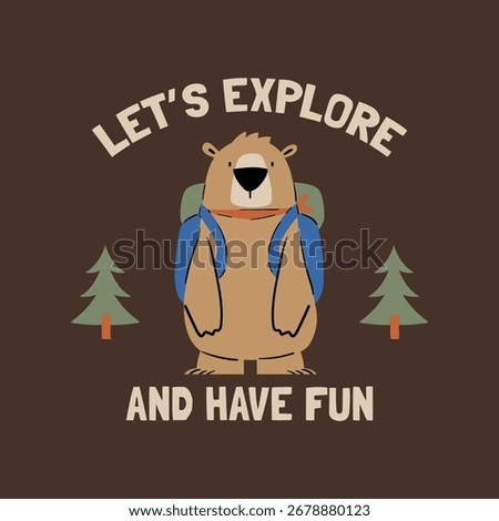 textile tee print design as vector with cute camper bear drawing