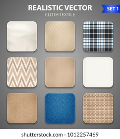 Textile texture color realistic square samples collection of home decorating and apparel fabric swatches isolated vector illustration 