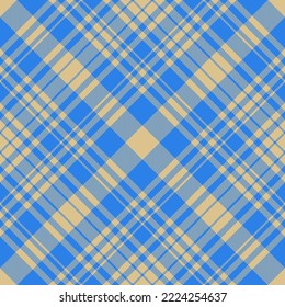 Textile texture tartan. Plaid check background. Seamless vector pattern fabric in blue and yellow colors.