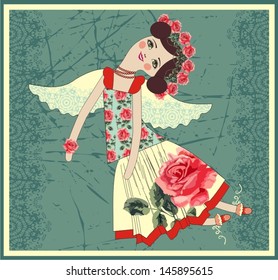 Textile Tilda doll with angel wings (rose pattern). Vector illustration.