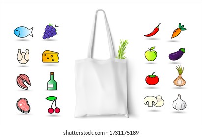 Textile tote bag for shopping mockup with set of grocery icons. Vector illustration isolated on grey background. Can be use for your design. EPS10.	