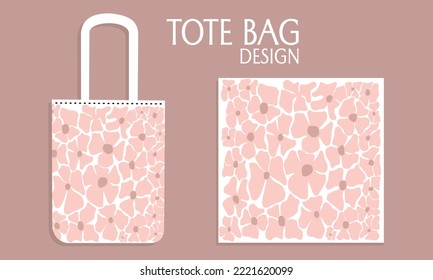 Textile tote bag for shopping mockup with abstract floral design. Vector illustration isolated on pink background.