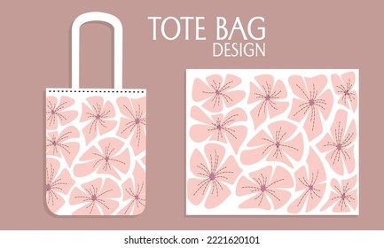 Textile tote bag for shopping mockup with abstract floral design. Vector illustration isolated on pink background.