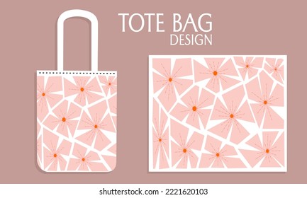 Textile tote bag for shopping mockup with abstract floral design. Vector illustration isolated on pink background.