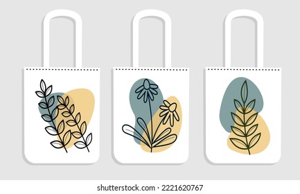 Textile tote bag for shopping mockup with boho aesthetic floral design. Vector illustration isolated on pink background.