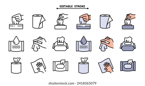 Textile towel, wet and paper napkins color vector public sanitary icons set. Editable stroke. Sanitary and hygiene towel for bathroom or restroom simple illustration collection isolated on white.