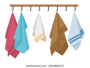 Toallas textiles. Toallas de mano de la tela, toallas de pie colgantes de la cocina o de la ducha, toallas de la tela en la Ilustración vectorial plana de la suspensión. Textil de baño de dibujos animados