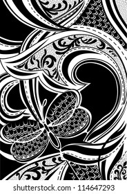 Textile vector background with butterfly and floral patterns.