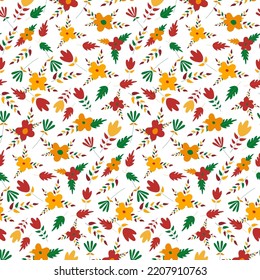 Textile vector flowers pattern. Yellow, red, green autumn botanical pattern. Seamless textile design. Pillow, blanket design. Wrapping paper.