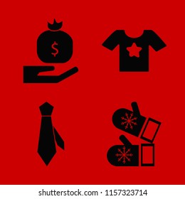 textile vector icons set. with mittens, t shirt star, money bag hand and tie in set