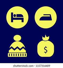 textile vector icons set. with winter hat, iron, money bag and bed in set